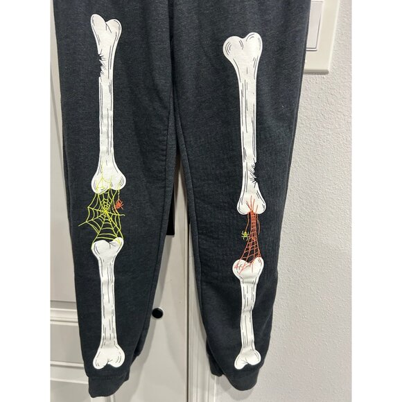 Skeleton Bone Halloween Jogger Sweatpants Charcoal Spider Web Trick or Treat - Picture 5 of 9